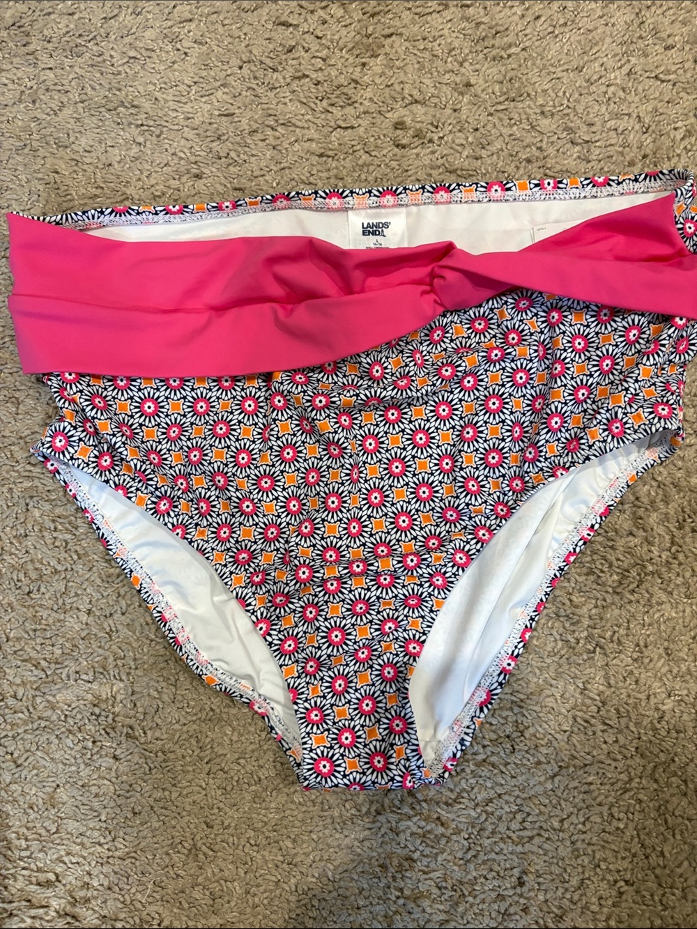 Lands' End Hot Pink Twisy High Waist Bikini Bottoms Geo Print